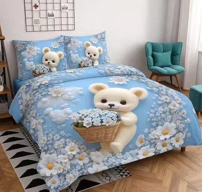 Premium 7D Digital Teddy Bear King Size Bedsheet with 2 Pillow Cover